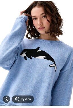 Things Between Orca Whale Sweater Light Blue Women's M Wool Blend Boxy Fit L111